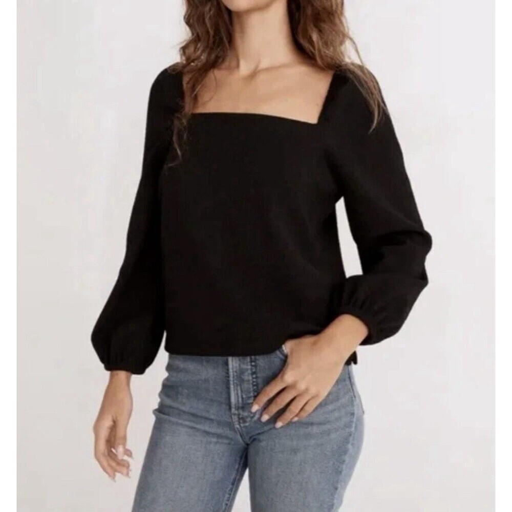 Madewell Sz S Crepe Square Neck Puff Sleeve Top Black Polyester Off Shoulder